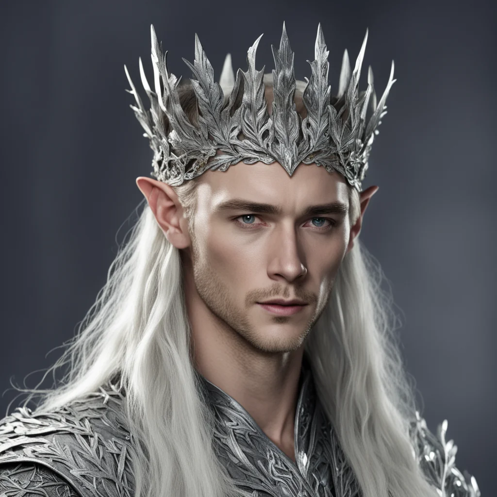 king thranduil wearing silver oak leaf elven crown with diamonds confident engaging wow artstation art 3