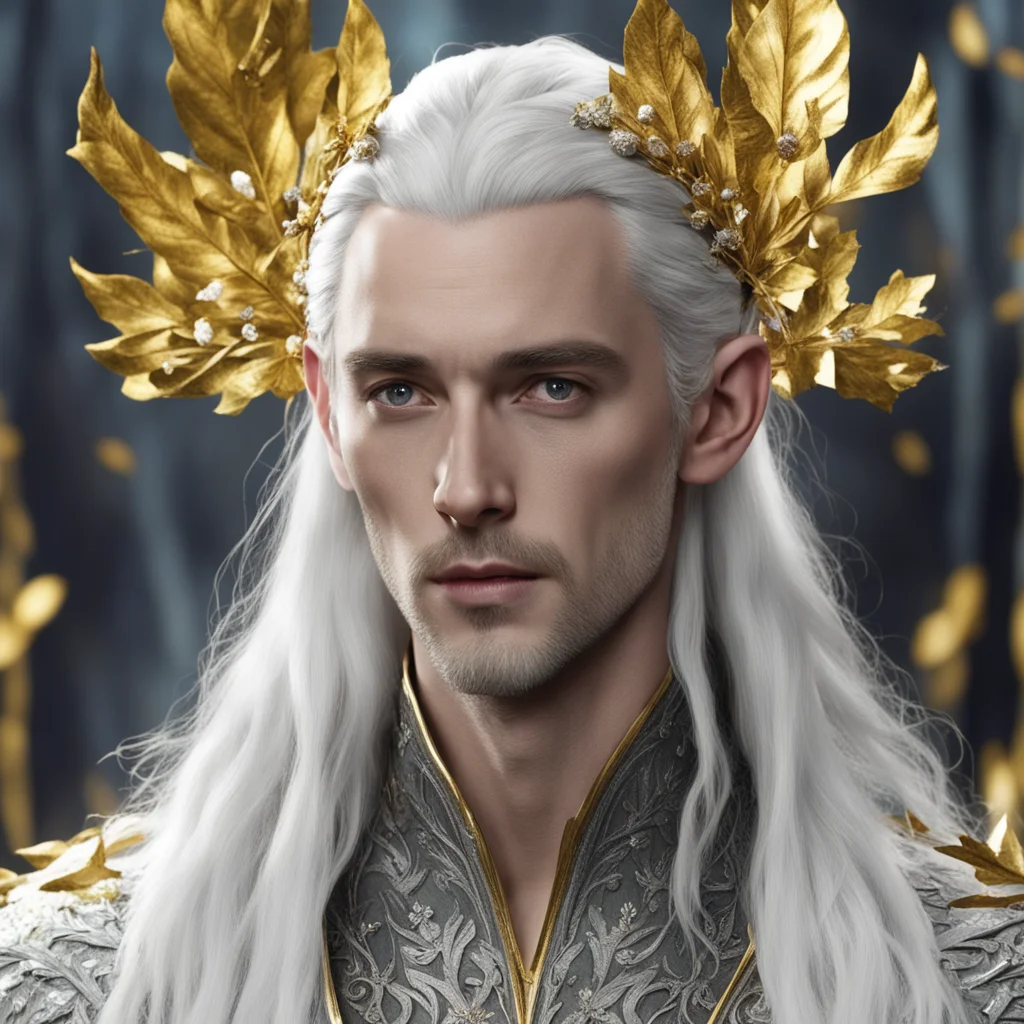king thranduil wearing silver with gold leaves and berries in hair with diamonds confident engaging wow artstation art 3