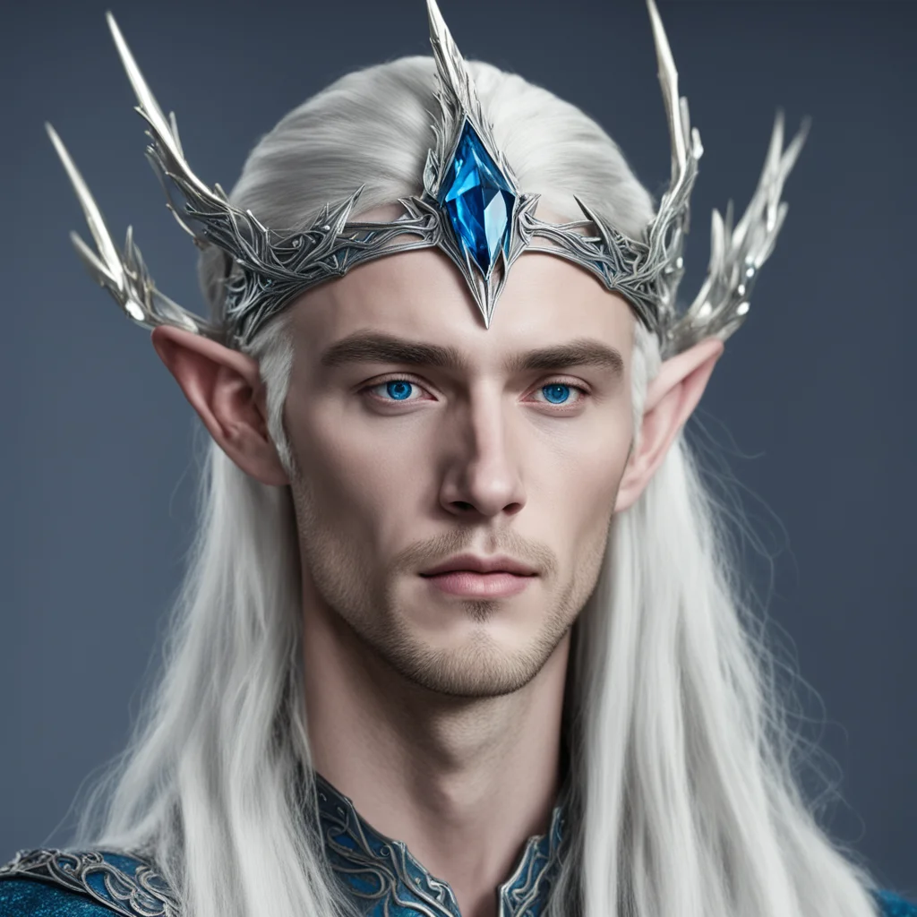 king thranduil wearing silver wood elf circlet with blue diamond confident engaging wow artstation art 3