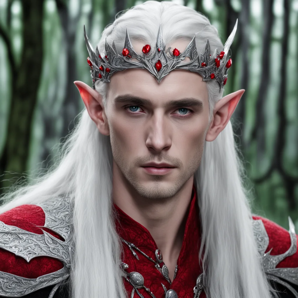 king thranduil wearing silver woodland elf circlet with red diamonds confident engaging wow artstation art 3