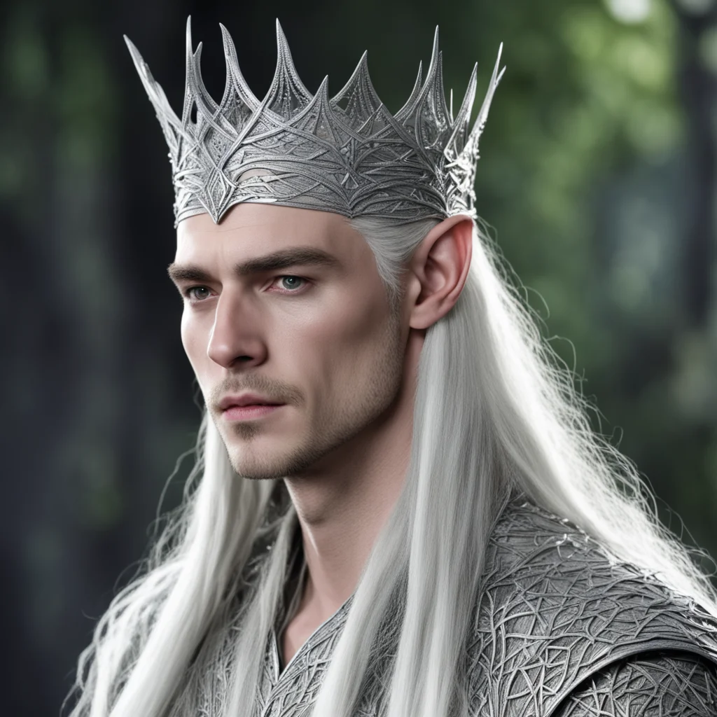 king thranduil wearing silver woven wood elven circlet with diamonds confident engaging wow artstation art 3