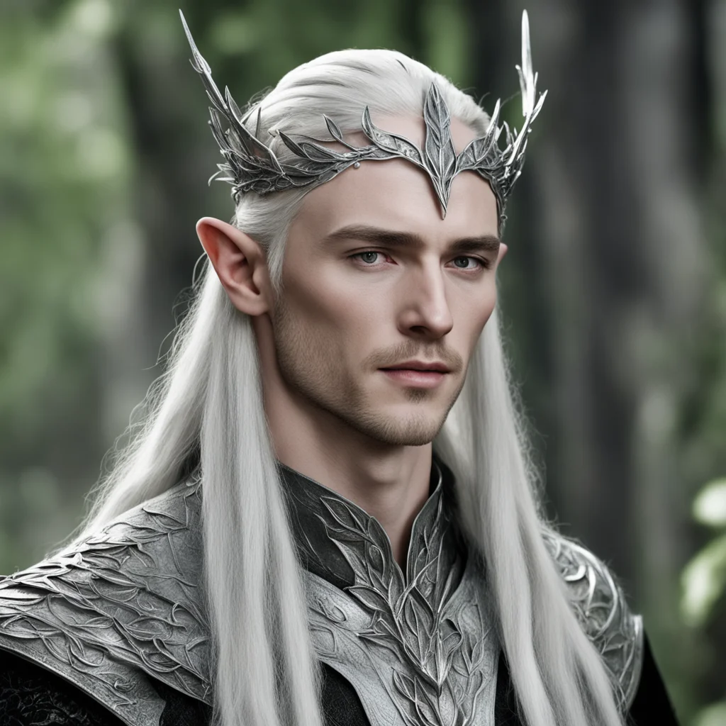 king thranduil wearing small silver bay leaf elven circlet with diamonds  confident engaging wow artstation art 3