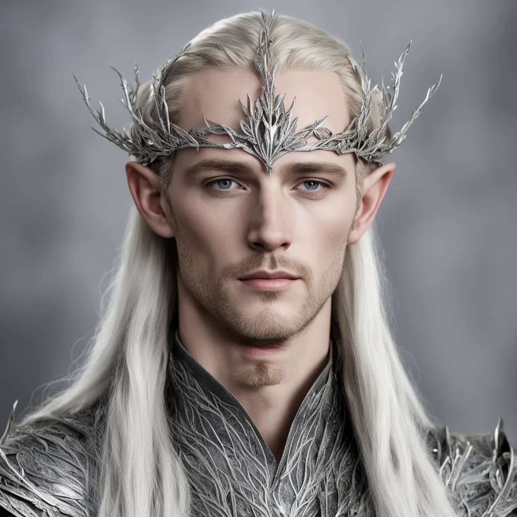 king thranduil wearing small silver beech leaf elven circlet with diamonds