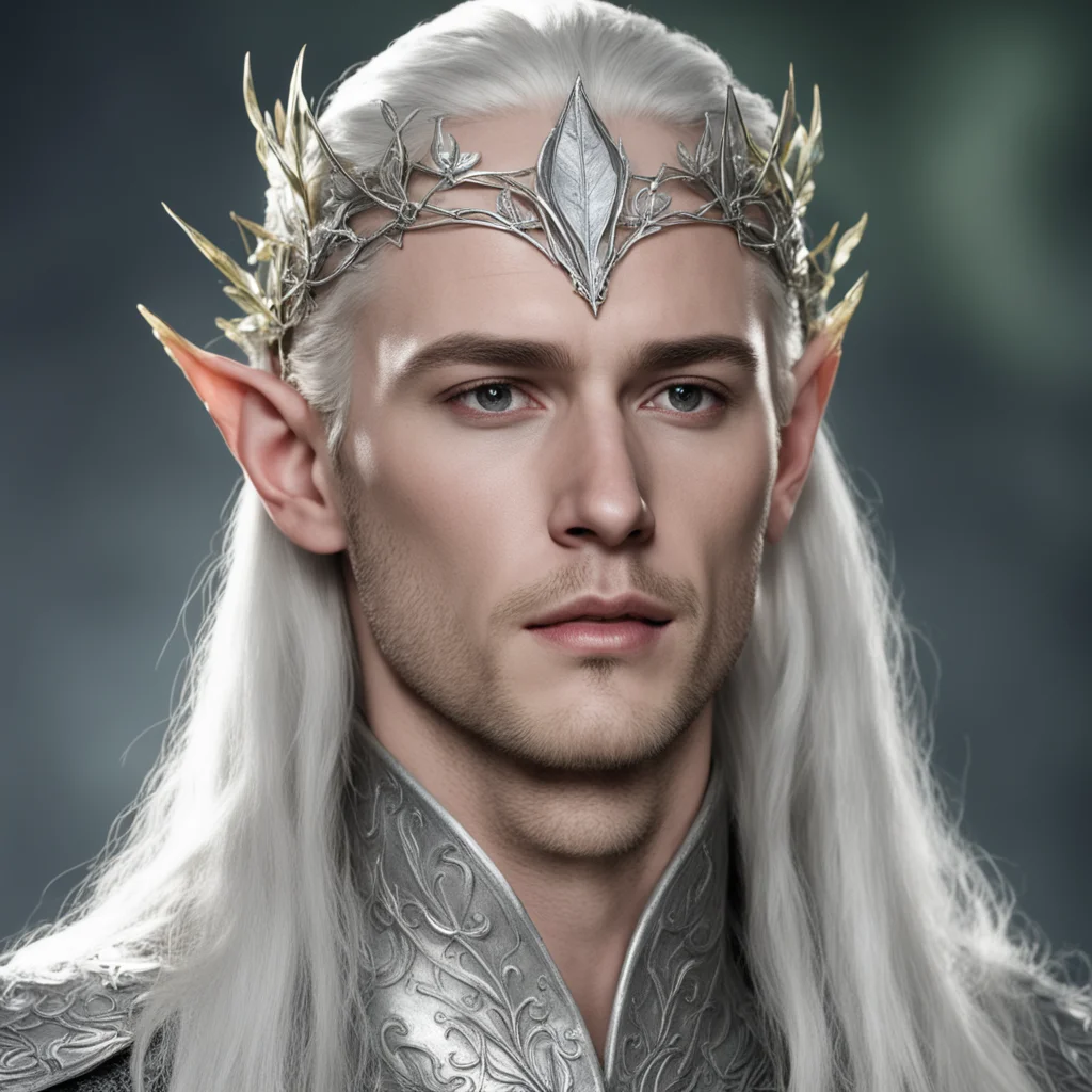 king thranduil wearing small silver ivy leaf elven circlet with diamonds confident engaging wow artstation art 3