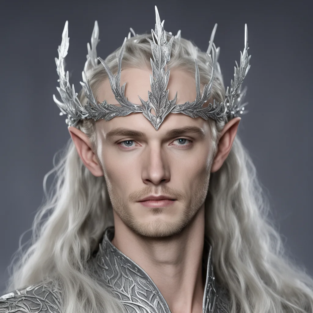 aiking thranduil wearing small silver oak leaf elven circlet with diamonds confident engaging wow artstation art 3