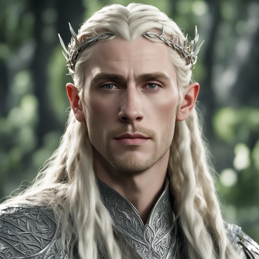 king thranduil wirh blond hair with braids wearing laurel leaf made from silver elvish circlet with diamonds good looking trending fantastic 1
