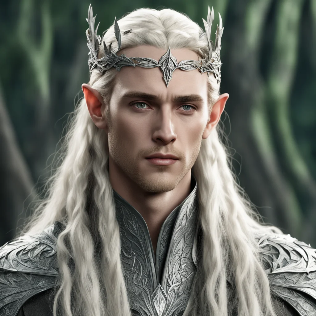 king thranduil wirh blond hair with braids wearing laurel leaf made from silver elvish circlet with diamonds