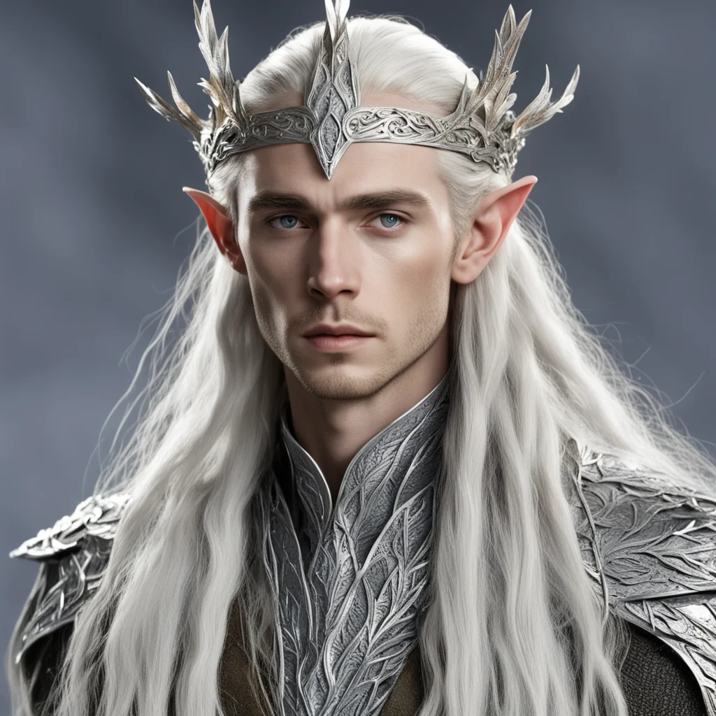 king thranduil with blond hair and braids and silver elm leaf encrusted with diamond forming a silver elvish circlet with large center diamond