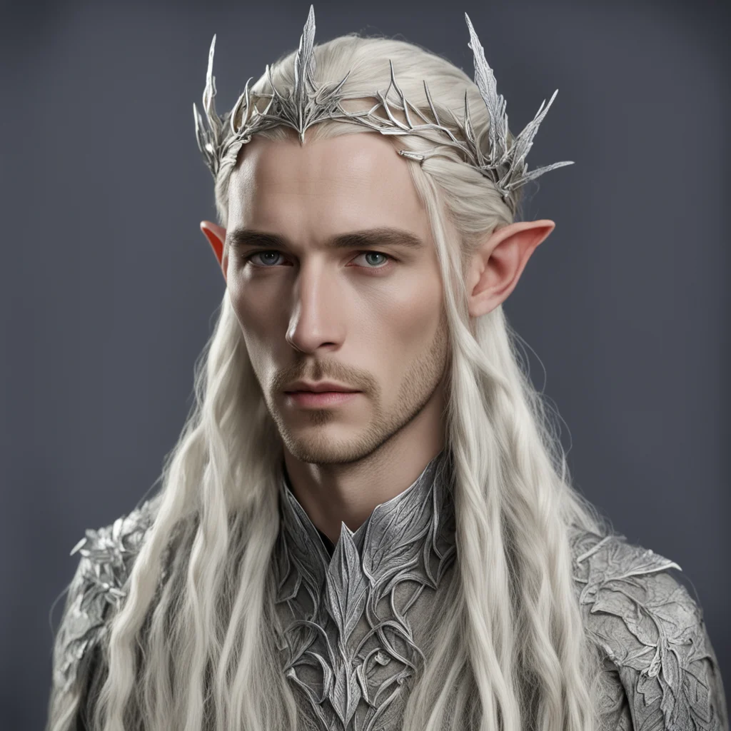 king thranduil with blond hair and braids and silver elm leaf silver elvish circlet with large center diamond  confident engaging wow artstation art 3