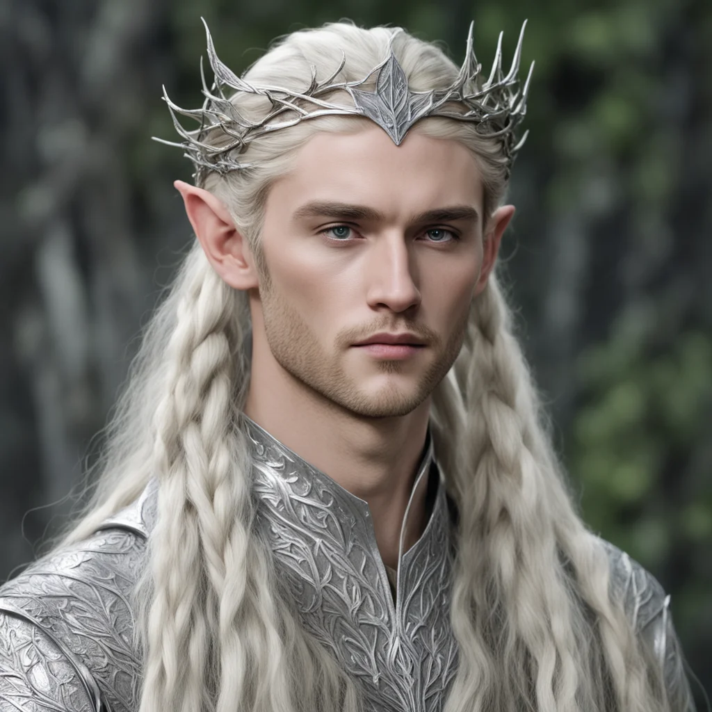 king thranduil with blond hair and braids and silver elm leaf silver elvish circlet with large center diamond 