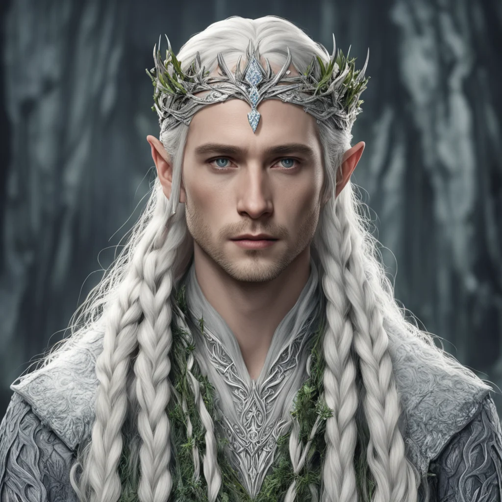 king thranduil with blond hair and braids wearing  juniper twigs made of silver with diamond berry to form silver elvish circlet with large center diamond amazing awesome portrait 2