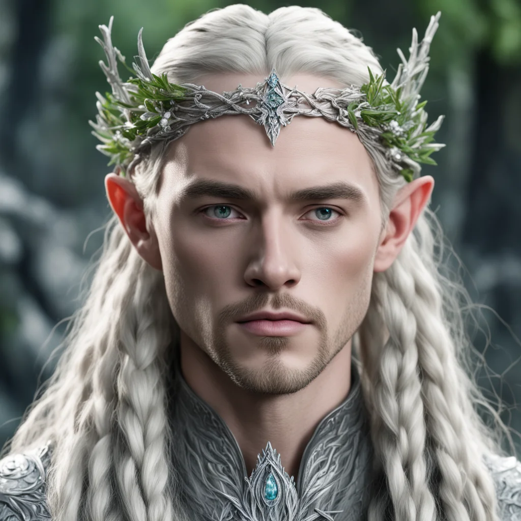 king thranduil with blond hair and braids wearing  juniper twigs made of silver with diamond berry to form silver elvish circlet with large center diamond