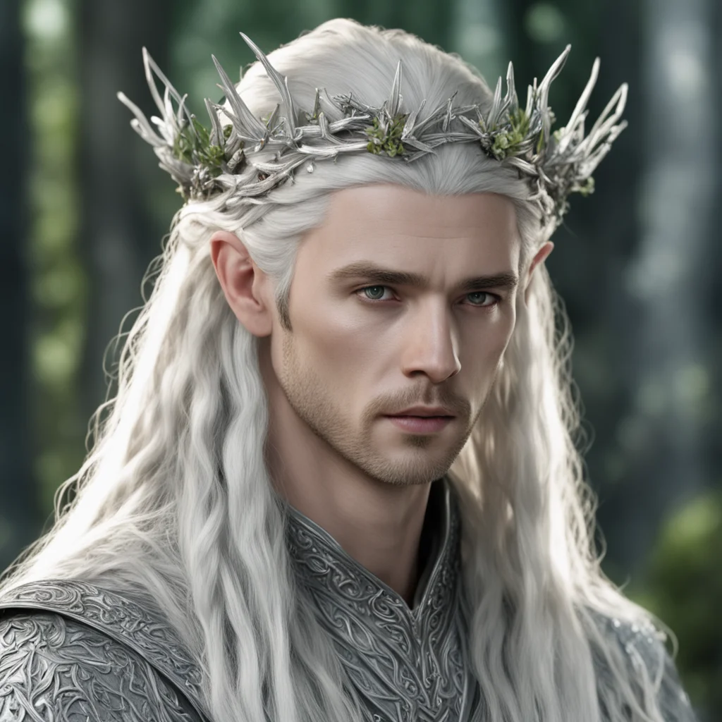 king thranduil with blond hair and braids wearing  juniper twigs made of silver with diamond berry to form silver elvish coronet with large center diamond amazing awesome portrait 2