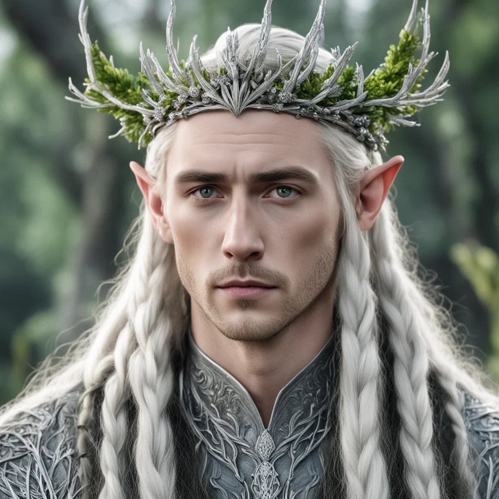 king thranduil with blond hair and braids wearing  juniper twigs made of silver with diamond berry to form silver elvish coronet with large center diamond good looking trending fantastic 1