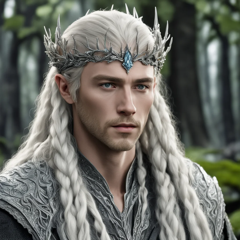 king thranduil with blond hair and braids wearing  juniper twigs made of silver with diamond berry to form silver elvish coronet with large center diamond