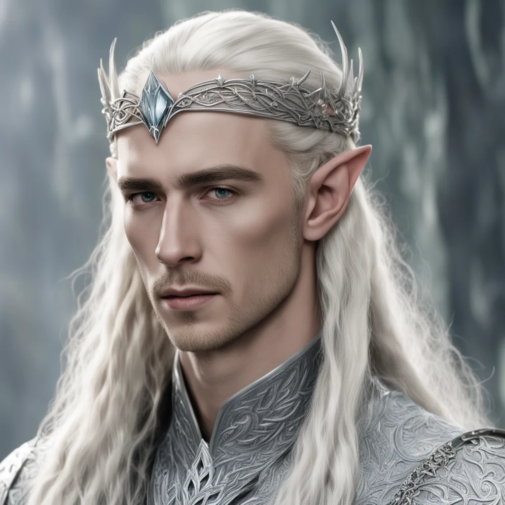 aiking thranduil with blond hair and braids wearing a profusion of silver diamond elvish hair pins and silver elvish circlet with large center diamond amazing awesome portrait 2