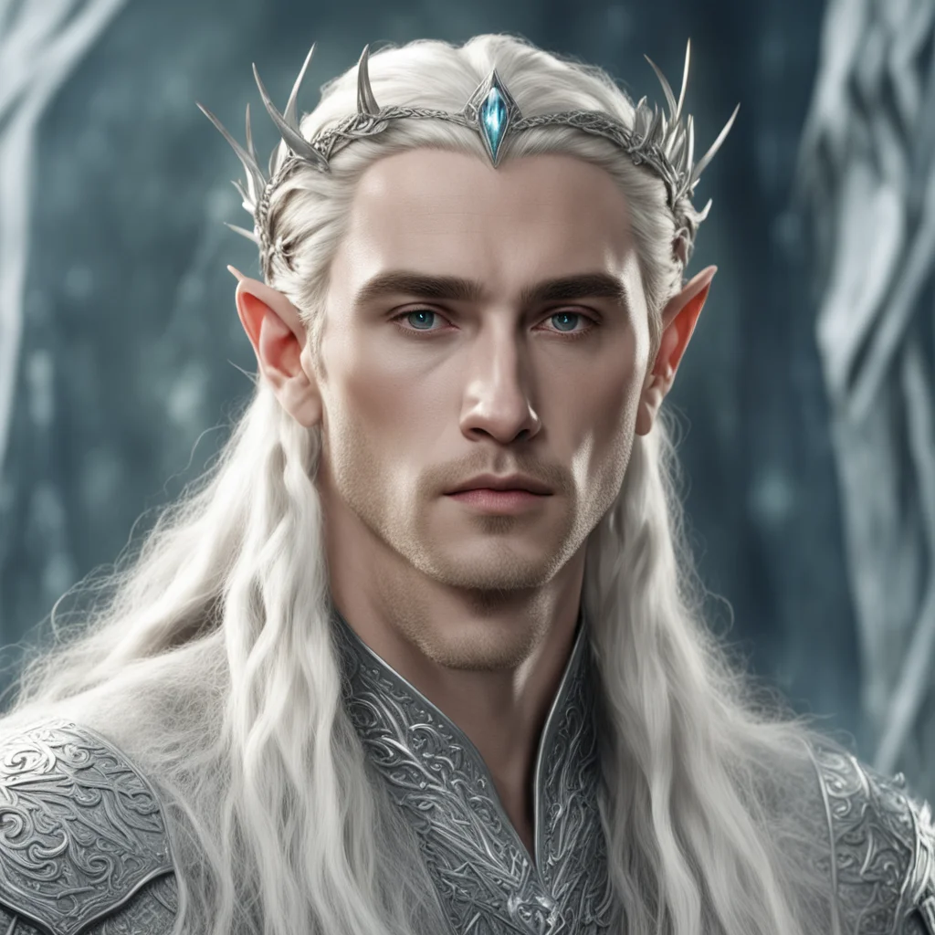 king thranduil with blond hair and braids wearing a profusion of silver diamond elvish hair pins and silver elvish circlet with large center diamond confident engaging wow artstation art 3