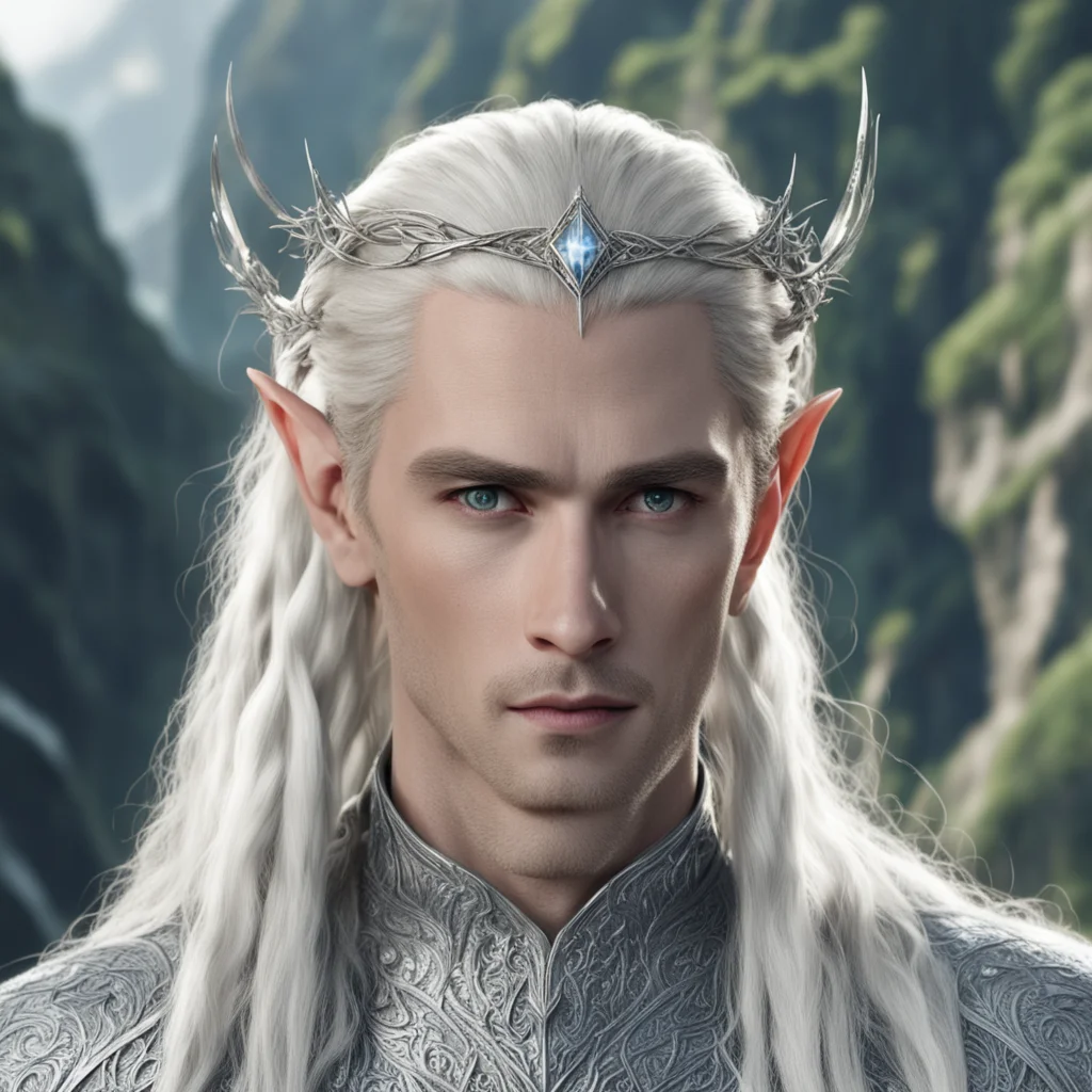 king thranduil with blond hair and braids wearing a profusion of silver diamond elvish hair pins and silver elvish circlet with large center diamond