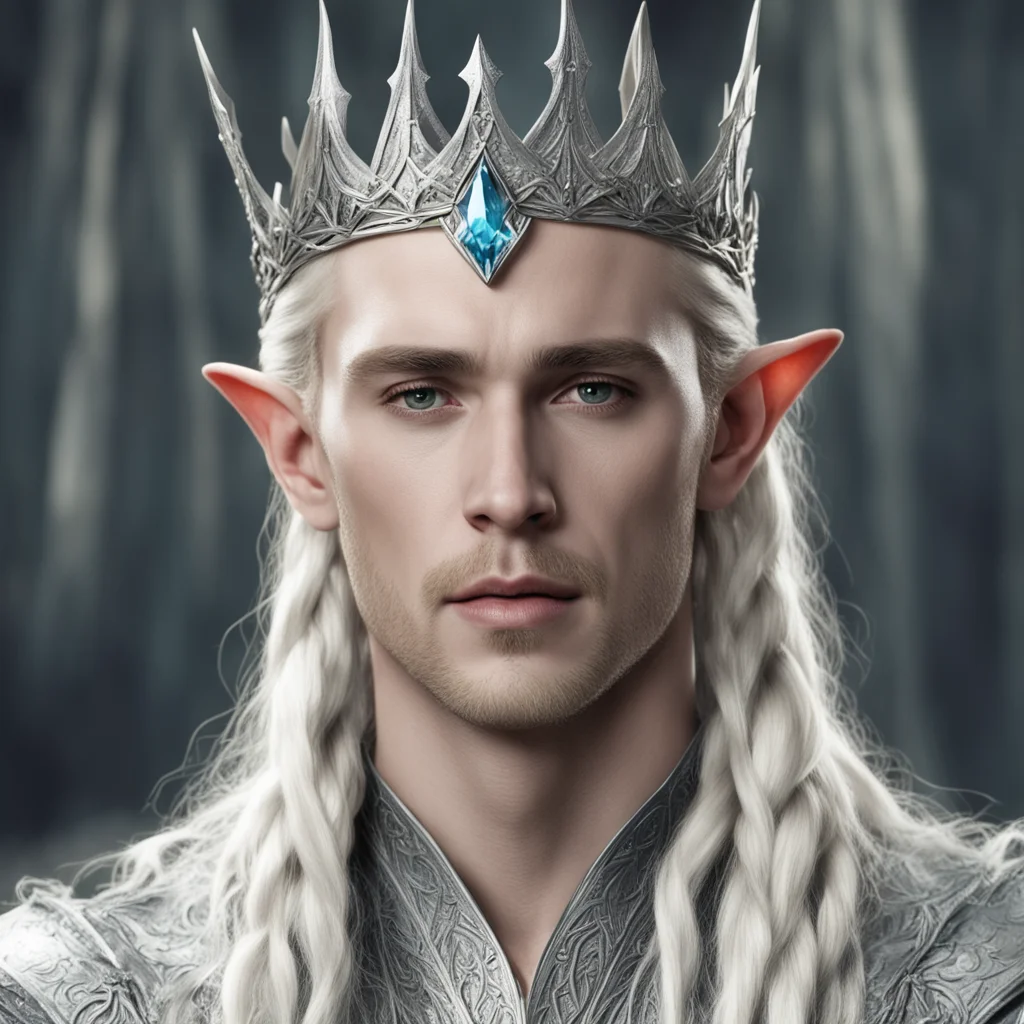 king thranduil with blond hair and braids wearing a silver sindarin elvish crown with large center diamond