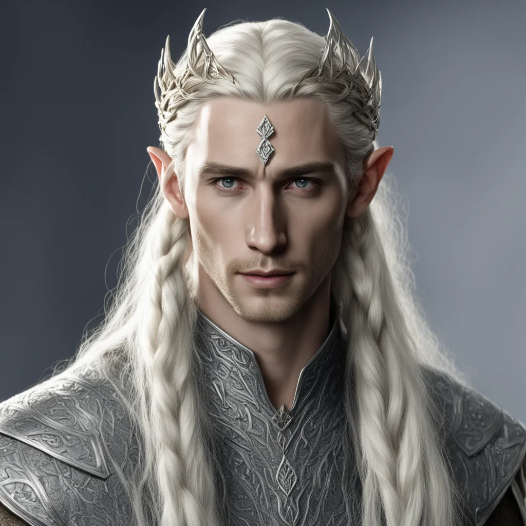 king thranduil with blond hair and braids wearing a small thin silver serpentine nandorin elvish circlet with center diamond confident engaging wow artstation art 3