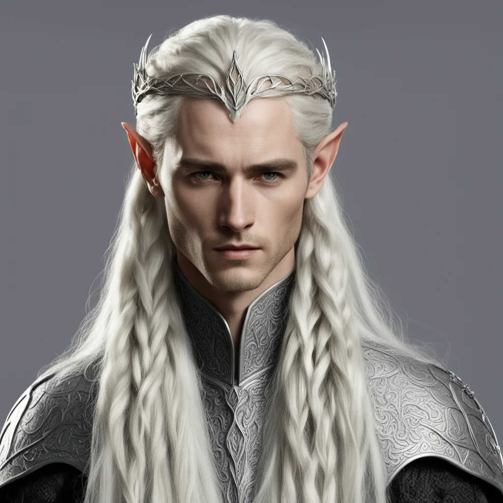 king thranduil with blond hair and braids wearing a small thin silver serpentine nandorin elvish circlet with large center diamond confident engaging wow artstation art 3