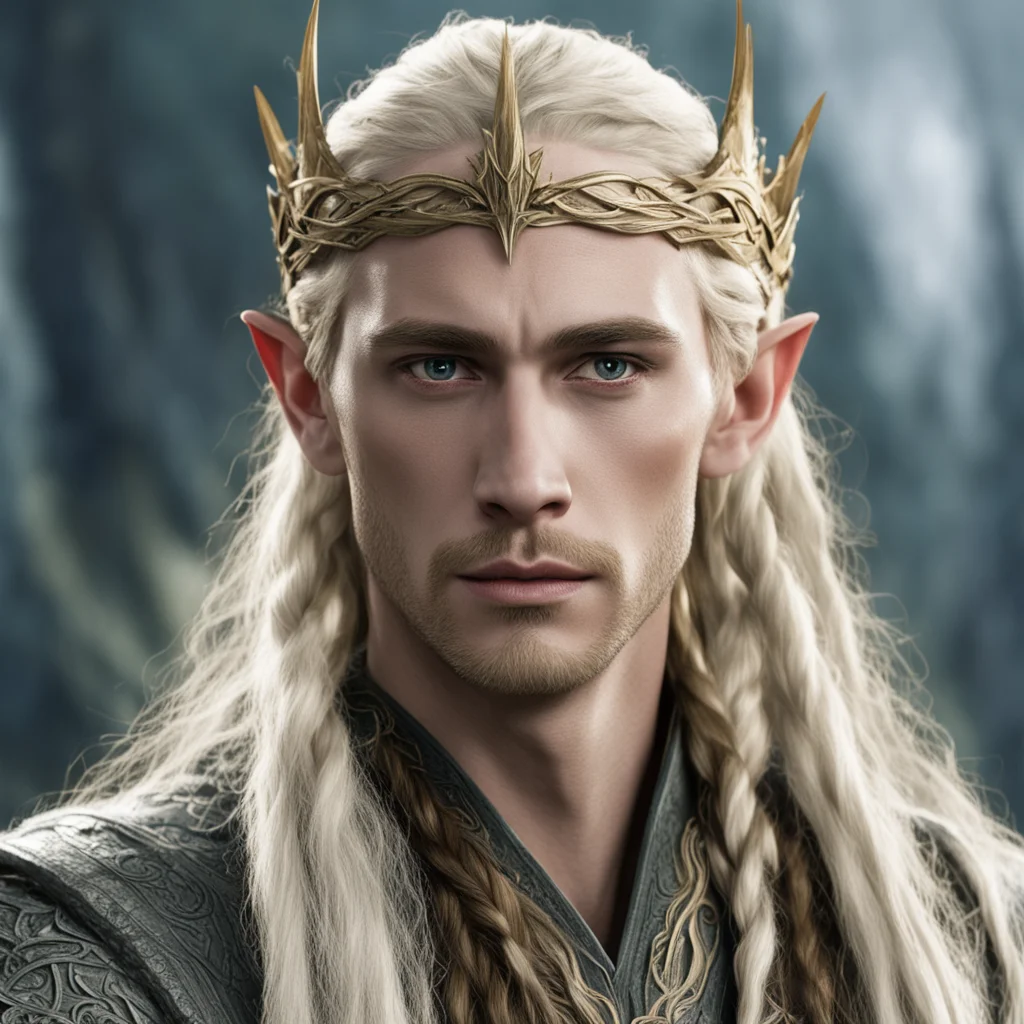 king thranduil with blond hair and braids wearing battle of the five armies elvish circlet confident engaging wow artstation art 3