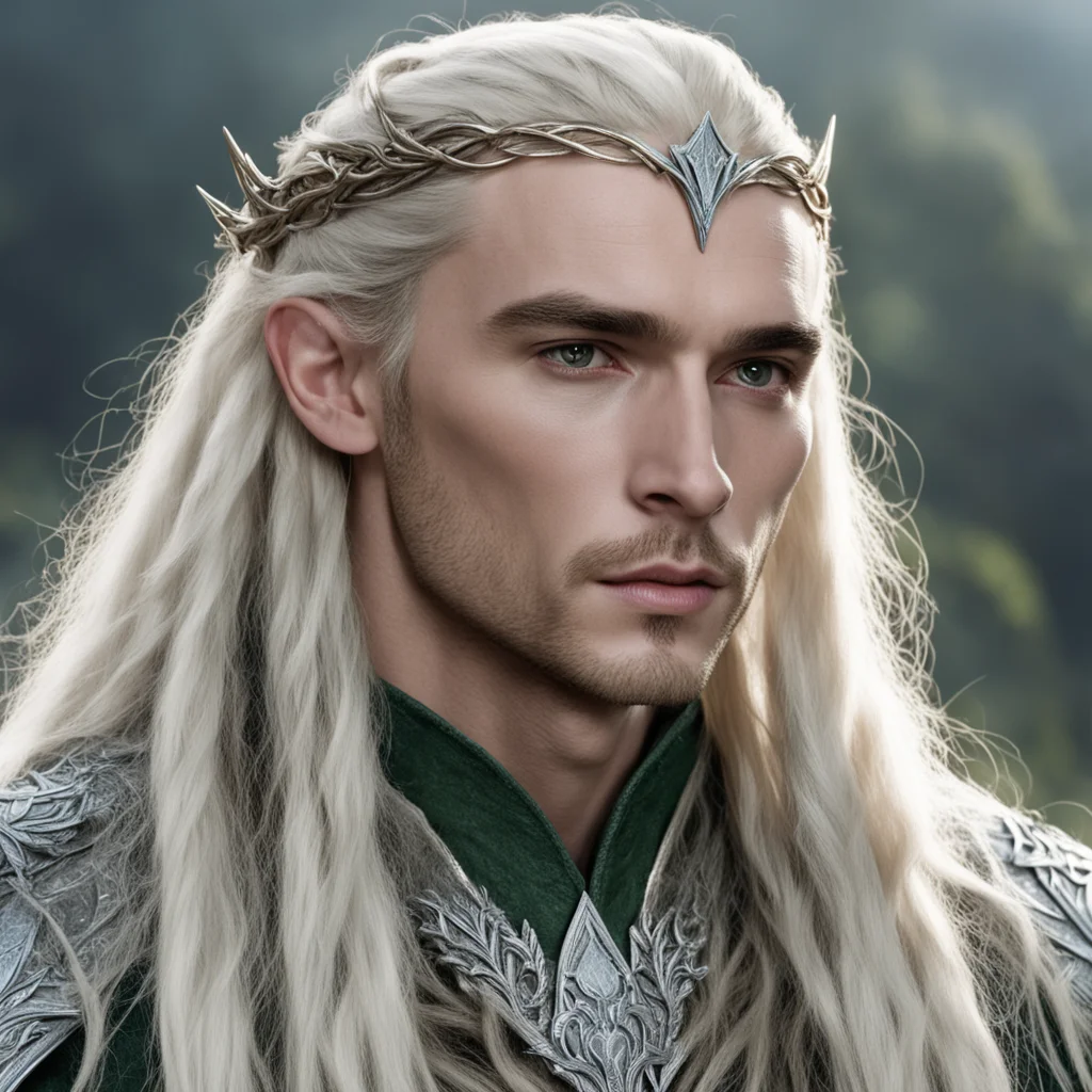 king thranduil with blond hair and braids wearing battle of the five armies silver elven circlet with  center diamond good looking trending fantastic 1