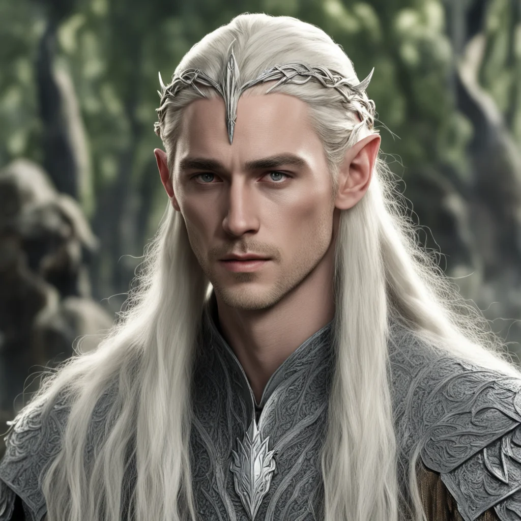 king thranduil with blond hair and braids wearing battle of the five armies silver elven circlet with  center diamond