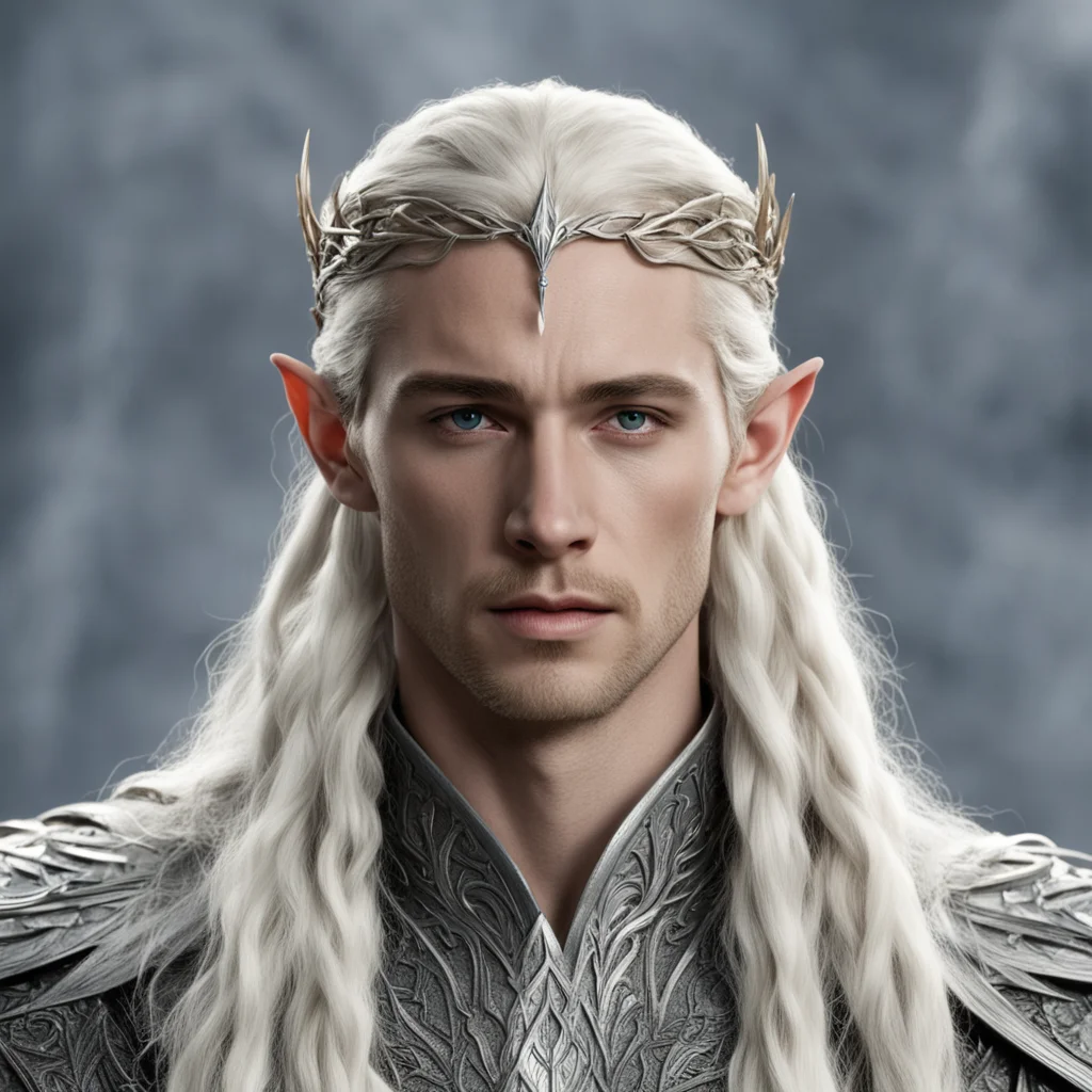 king thranduil with blond hair and braids wearing battle of the five armies silver elven circlet with large center white gem confident engaging wow artstation art 3