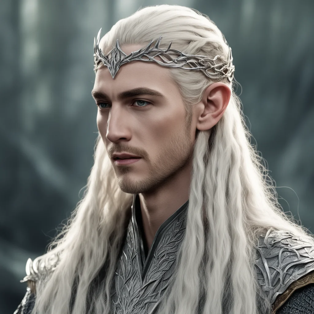 king thranduil with blond hair and braids wearing battle of the five armies silver elvish circlet with large center diamond confident engaging wow artstation art 3