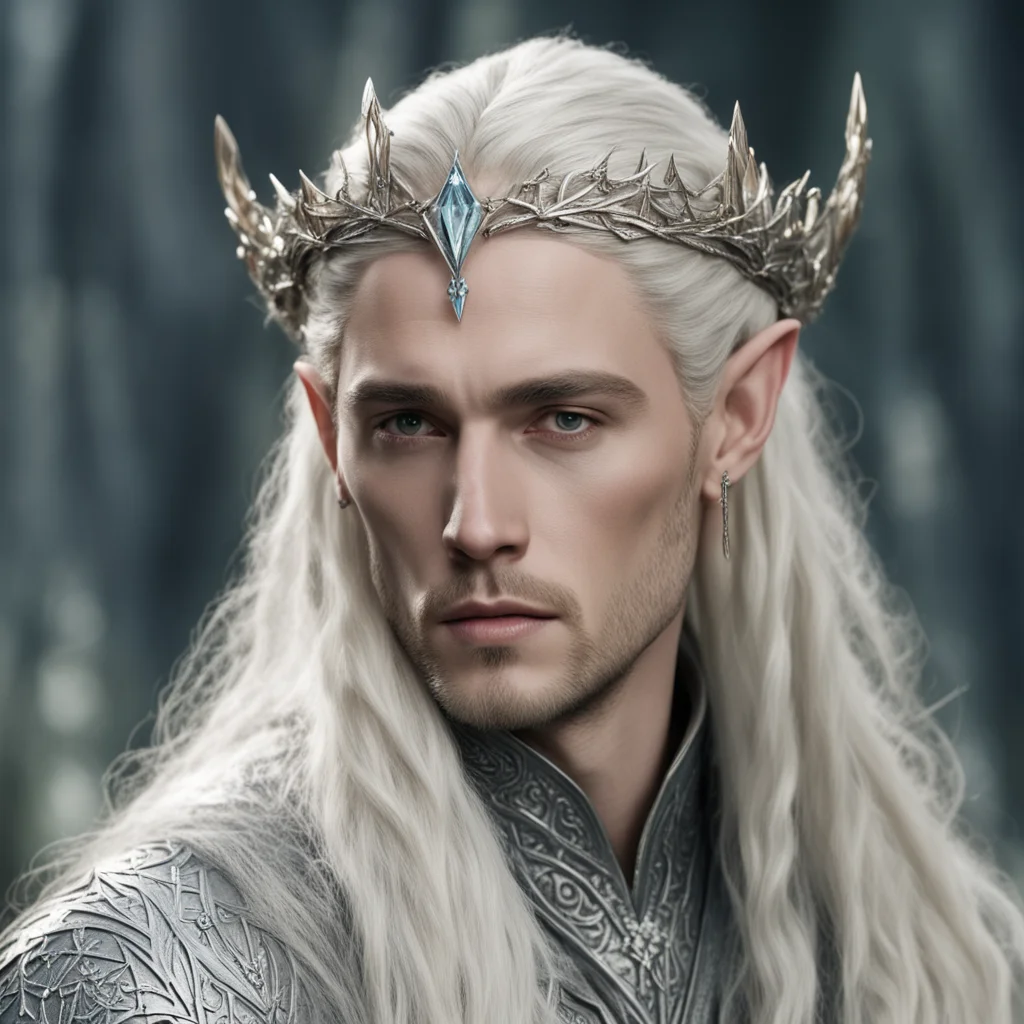 aiking thranduil with blond hair and braids wearing diamond elvish hair pins with silver elvish circlet with large center diamond  confident engaging wow artstation art 3