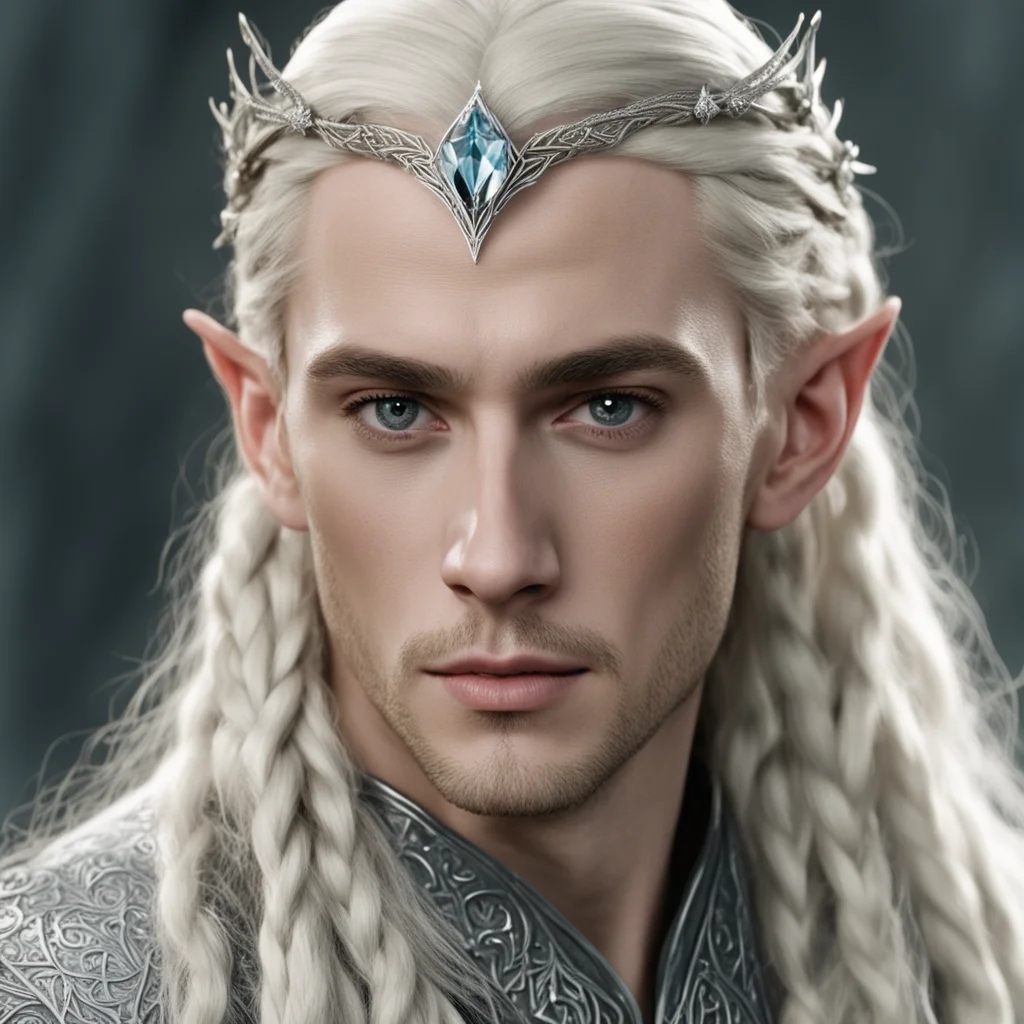 aiking thranduil with blond hair and braids wearing diamond elvish hair pins with silver elvish circlet with large center diamond  good looking trending fantastic 1