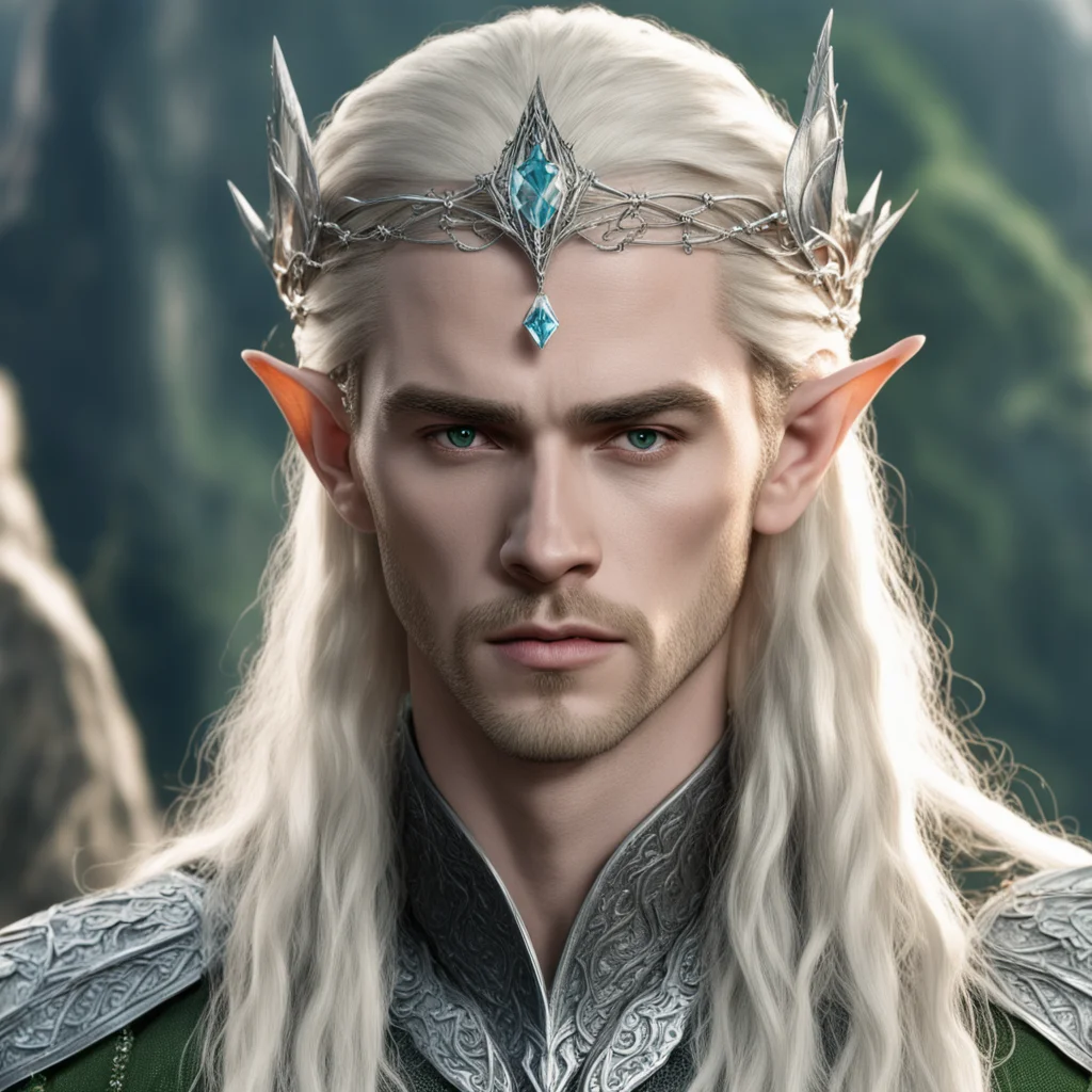 king thranduil with blond hair and braids wearing diamond elvish hair pins with silver elvish circlet with large center diamond 