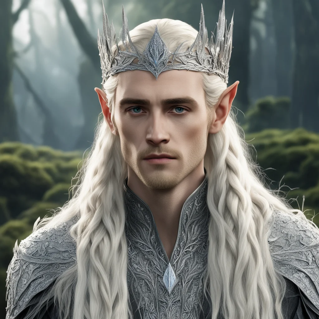 king thranduil with blond hair and braids wearing elvish circlet composed of small silver leaves encrusted with diamonds and large center diamond confident engaging wow artstation art 3