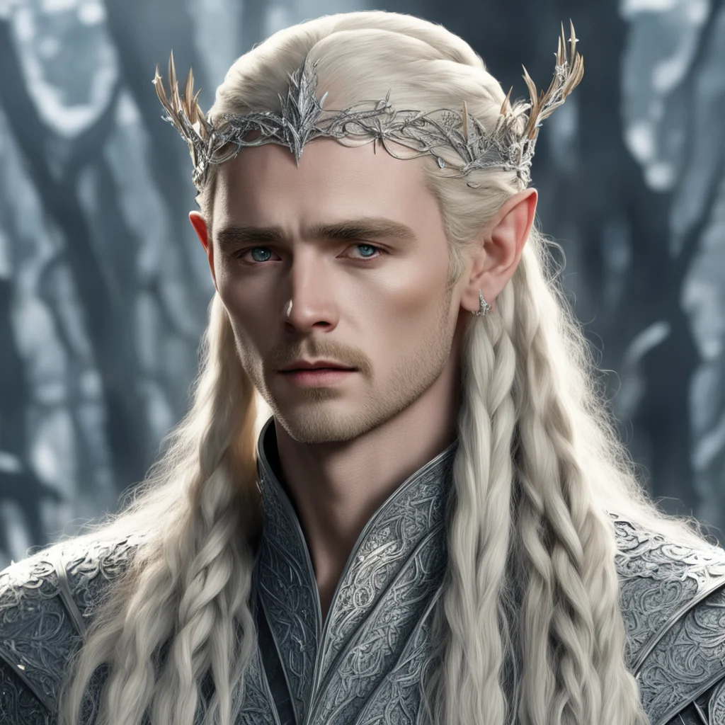 king thranduil with blond hair and braids wearing elvish circlet composed of small silver leaves encrusted with diamonds and large center diamond good looking trending fantastic 1