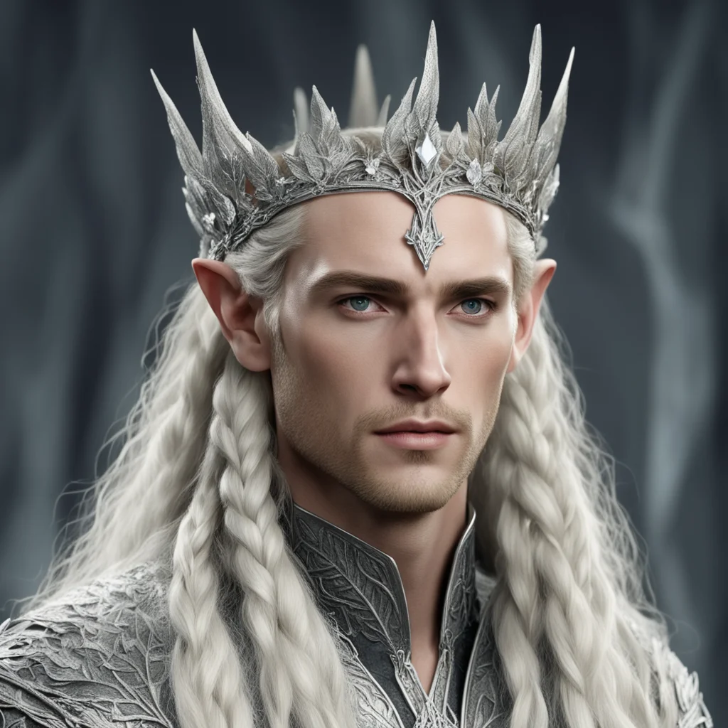 king thranduil with blond hair and braids wearing elvish circlet composed of small silver leaves encrusted with diamonds and large center diamond