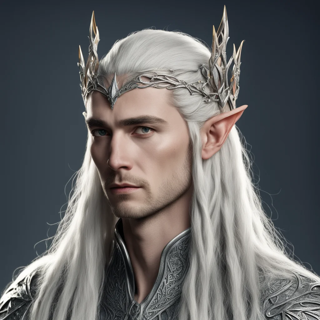 king thranduil with blond hair and braids wearing elvish silver hair forks with diamonds with silver elvish circlet with large center diamond good looking trending fantastic 1