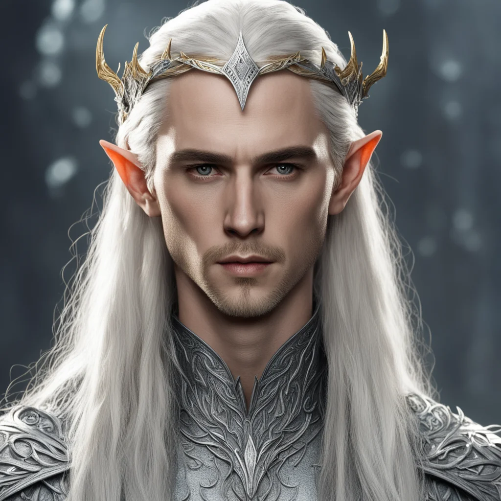 king thranduil with blond hair and braids wearing elvish silver hair forks with diamonds with silver elvish circlet with large center diamond