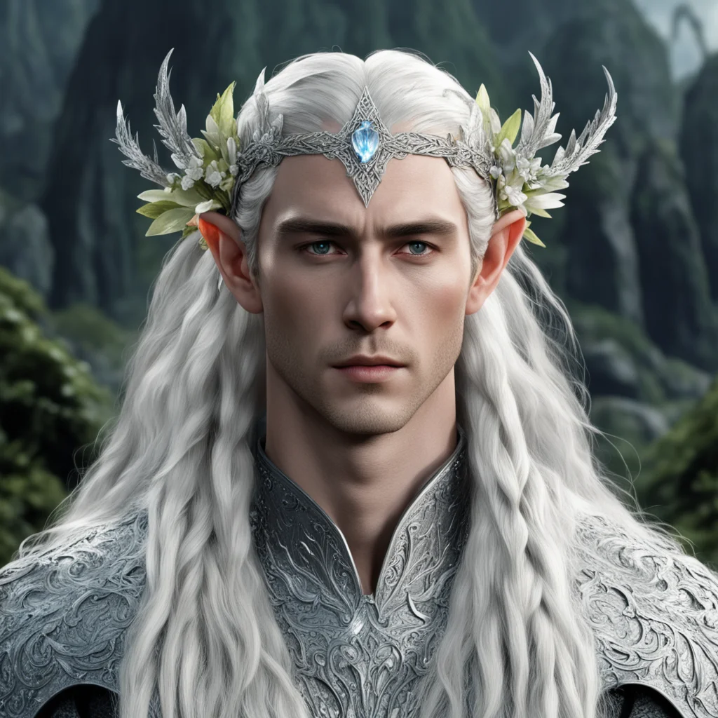 king thranduil with blond hair and braids wearing flowers made of silver encrusted with diamonds to form silver elvish circlet with large center diamond amazing awesome portrait 2