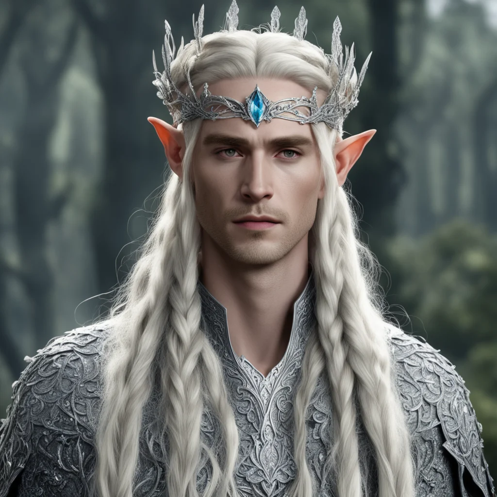 king thranduil with blond hair and braids wearing flowers made of silver encrusted with diamonds to form silver elvish circlet with large center diamond confident engaging wow artstation art 3