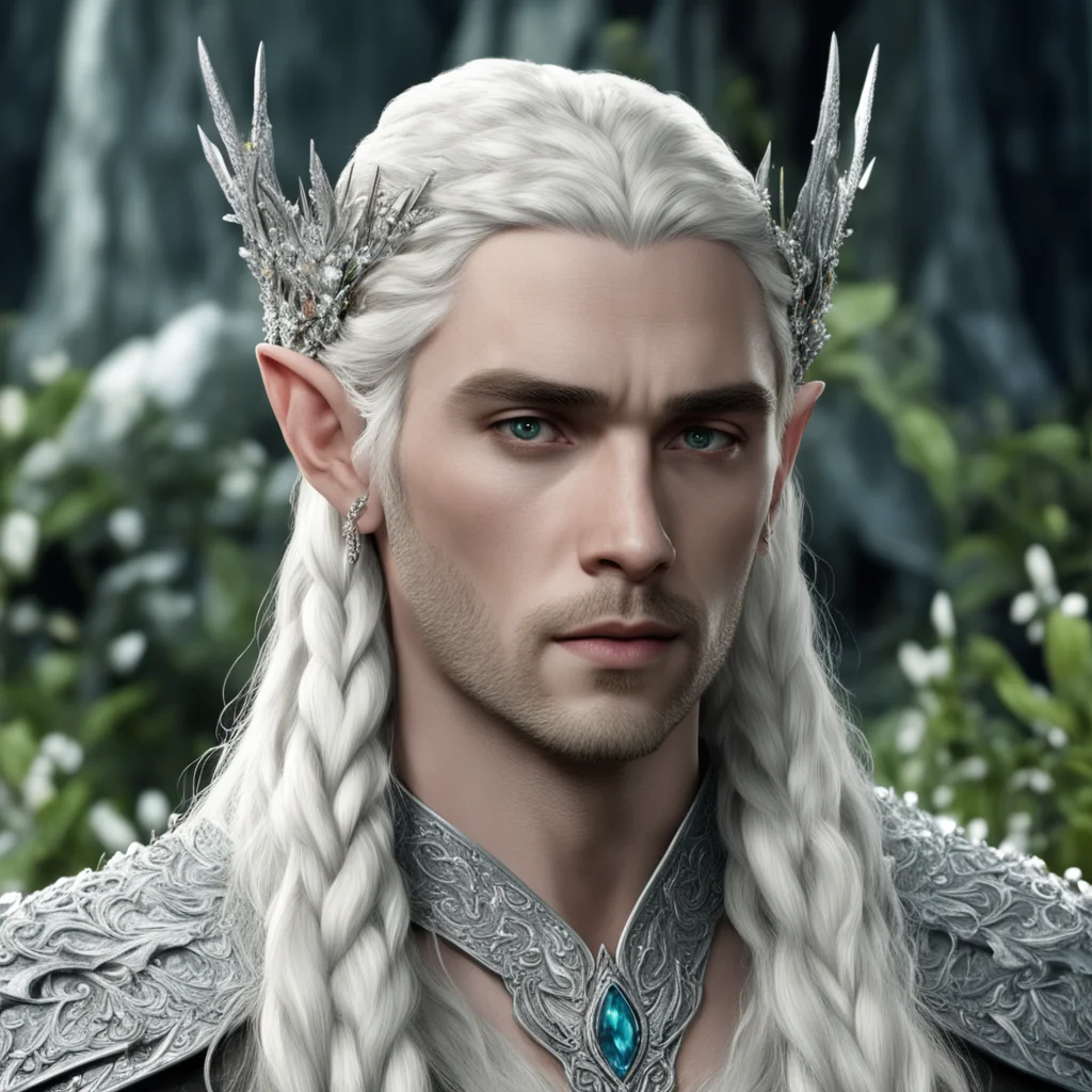 king thranduil with blond hair and braids wearing flowers made of silver encrusted with diamonds to form silver elvish circlet with large center diamond