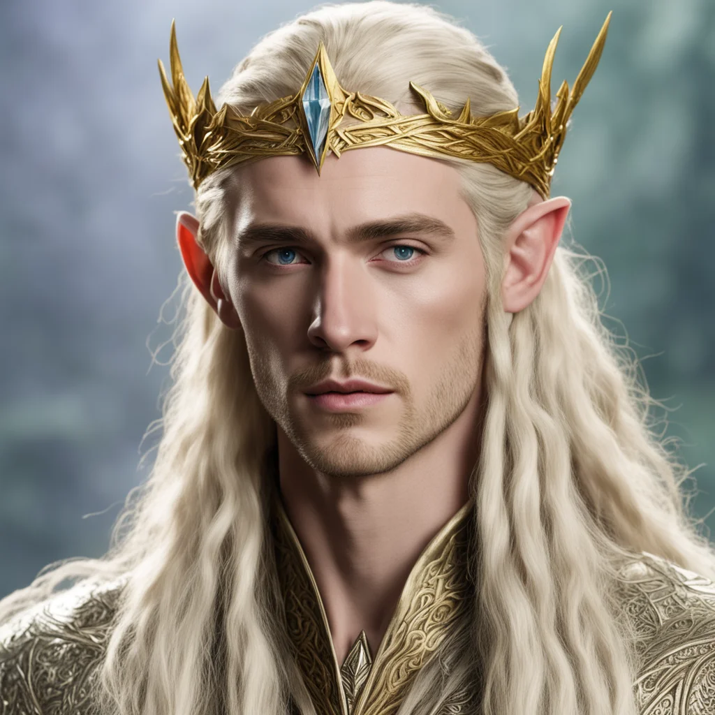 king thranduil with blond hair and braids wearing gold the hobbit elvish circlet with large center diamond