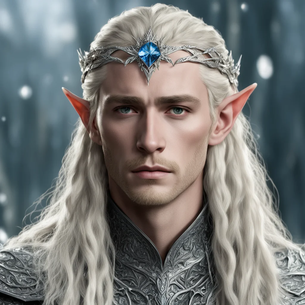 king thranduil with blond hair and braids wearing half silver elvish circlet encrusted with diamonds with center diamond confident engaging wow artstation art 3
