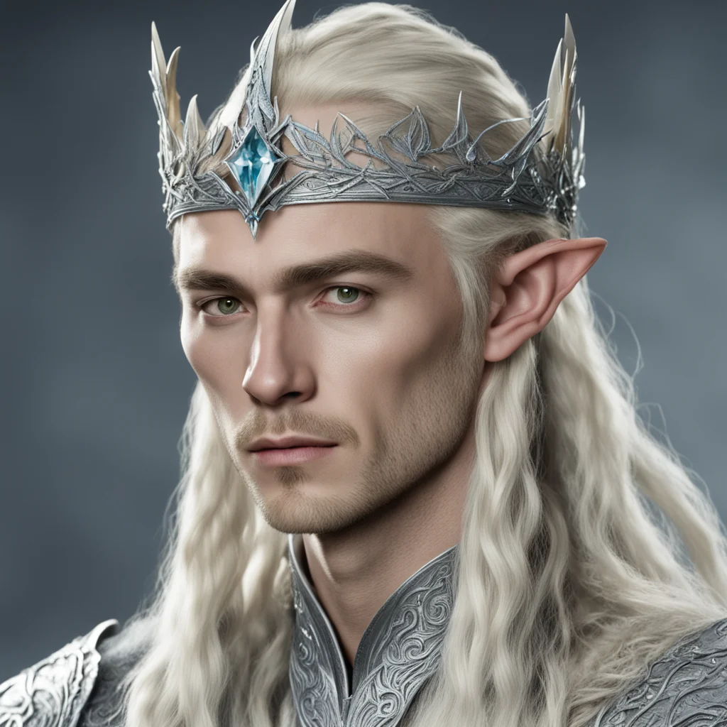 aiking thranduil with blond hair and braids wearing half silver elvish circlet encrusted with diamonds with center diamond