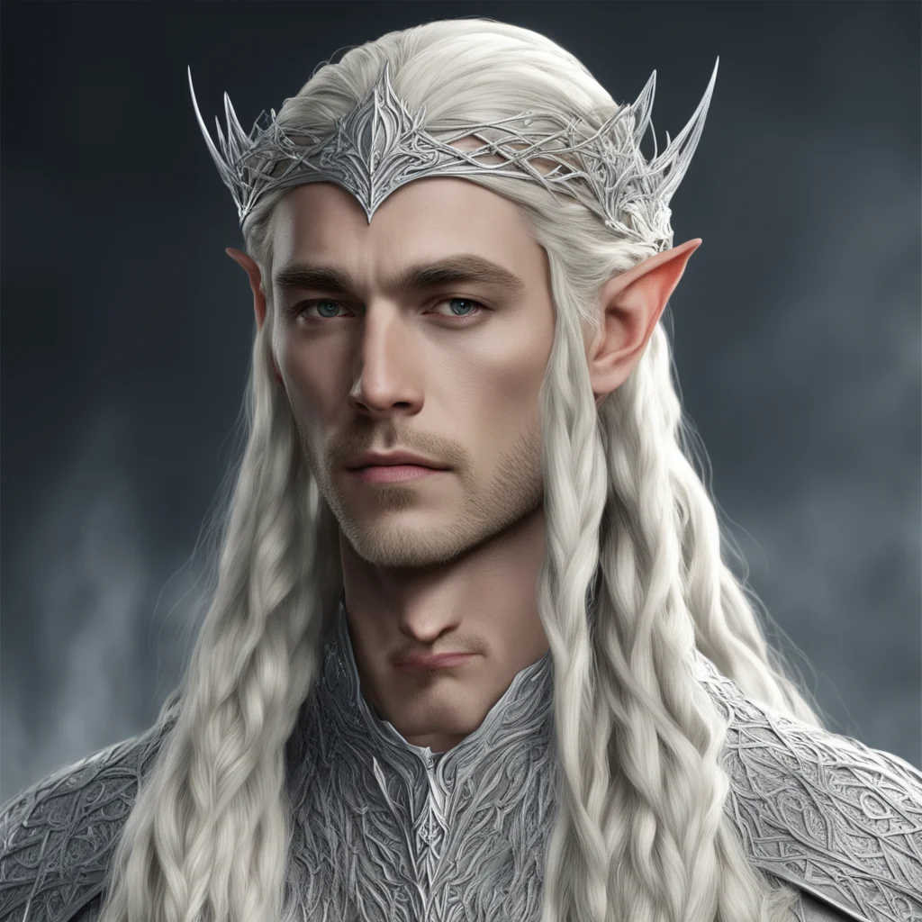 king thranduil with blond hair and braids wearing interwoven strings of silver and dimonds with silver elvish circlet with large center diamond confident engaging wow artstation art 3