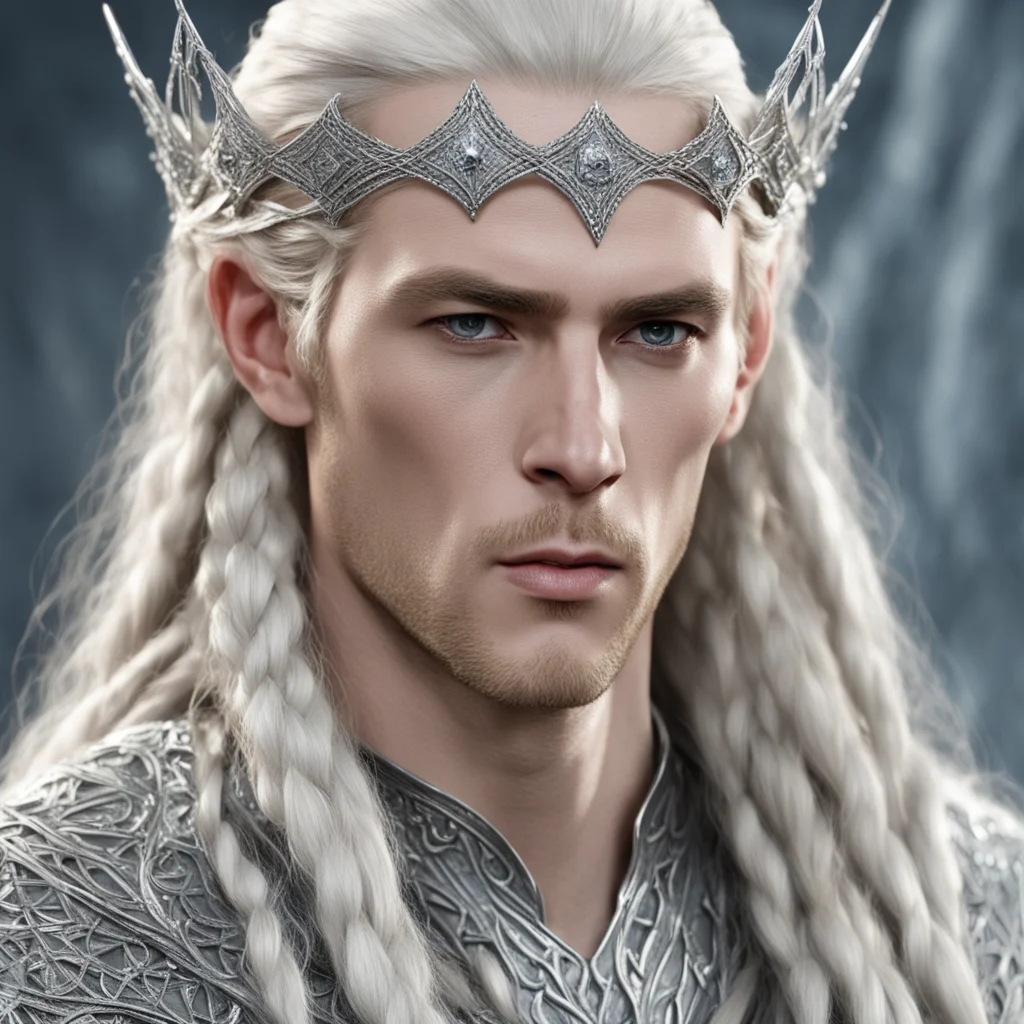 king thranduil with blond hair and braids wearing interwoven strings of silver and dimonds with silver elvish circlet with large center diamond good looking trending fantastic 1