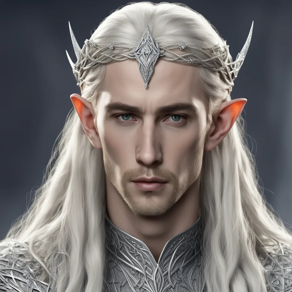 king thranduil with blond hair and braids wearing interwoven strings of silver and dimonds with silver elvish circlet with large center diamond