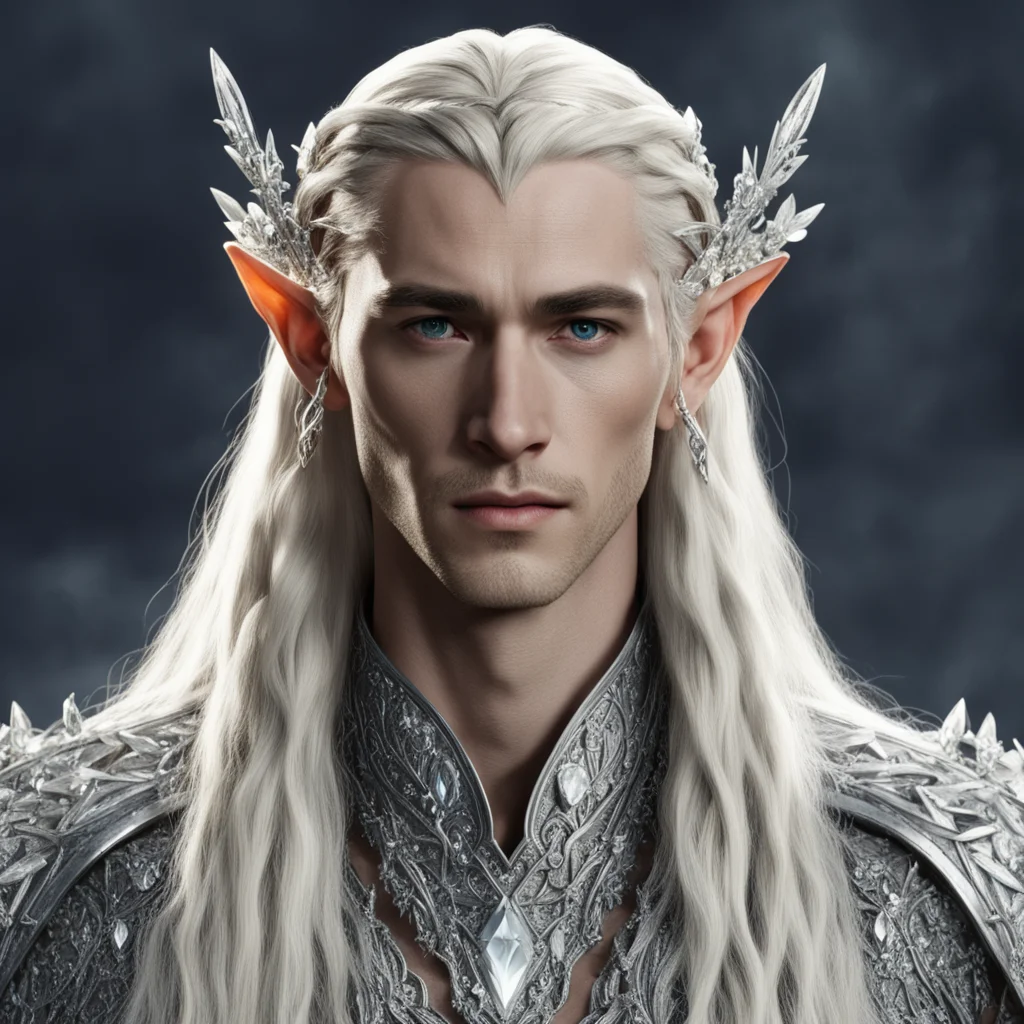 king thranduil with blond hair and braids wearing large clusters of diamonds to form a silver elvish circlet with large center diamond good looking trending fantastic 1