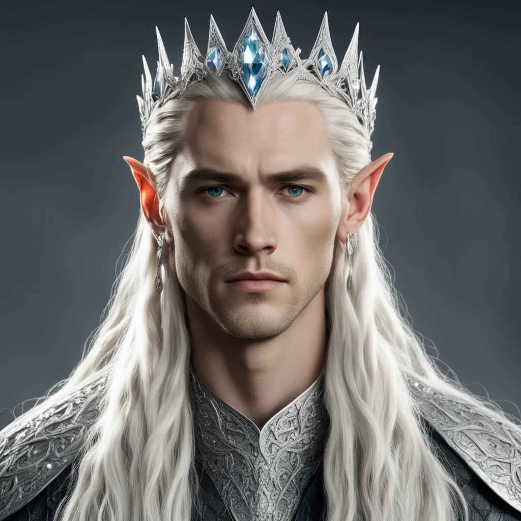 king thranduil with blond hair and braids wearing large clusters of diamonds to form a silver elvish circlet with large center diamond