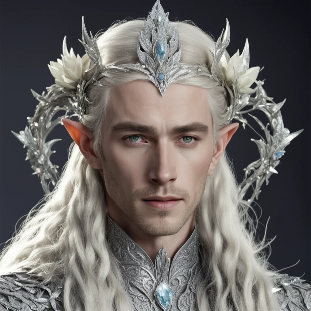 king thranduil with blond hair and braids wearing large flowers of silver heavily encrusted with diamonds joined together to form a silver elvish circlet with large center diamond